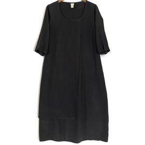 J Jill Silk Linen Maxi Dress L PETITE Layered Panels Short Sleeve Black LP PL